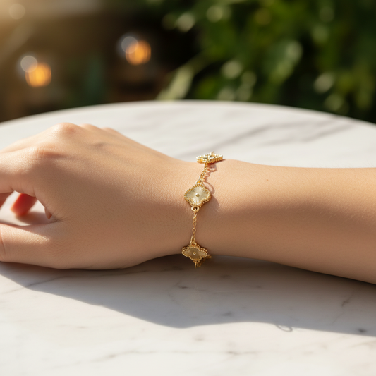 Elegant 4-Leaf Clover Station Bracelet / Anklet for Women – Adjustable Gold & Silver Tone Lucky Floral Charm Jewelry (24cm) (RBT-2454GS)