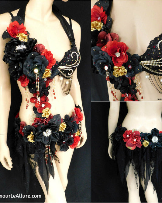 Elegant Burgundy Red Gold and Black Goth Fairy Monokini Dress