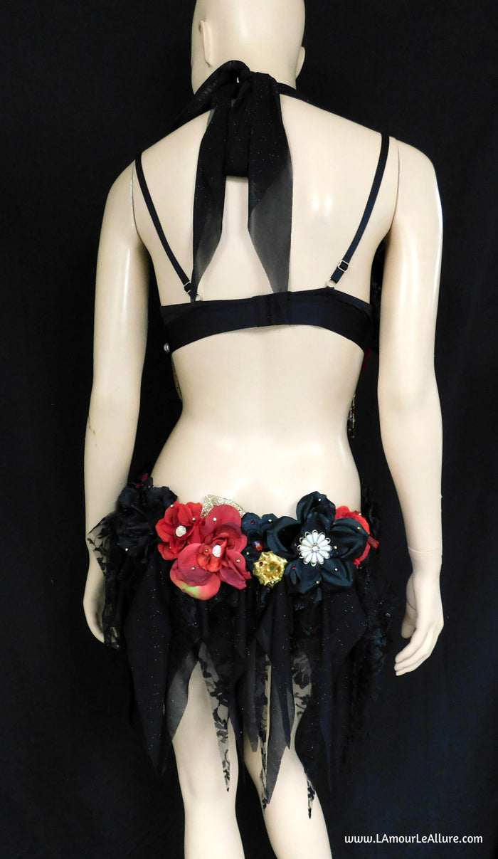 Elegant Burgundy Red Gold and Black Goth Fairy Monokini Dress