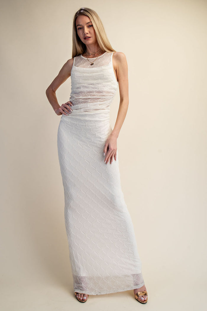 Embroidered Mesh Ruched Maxi Dress