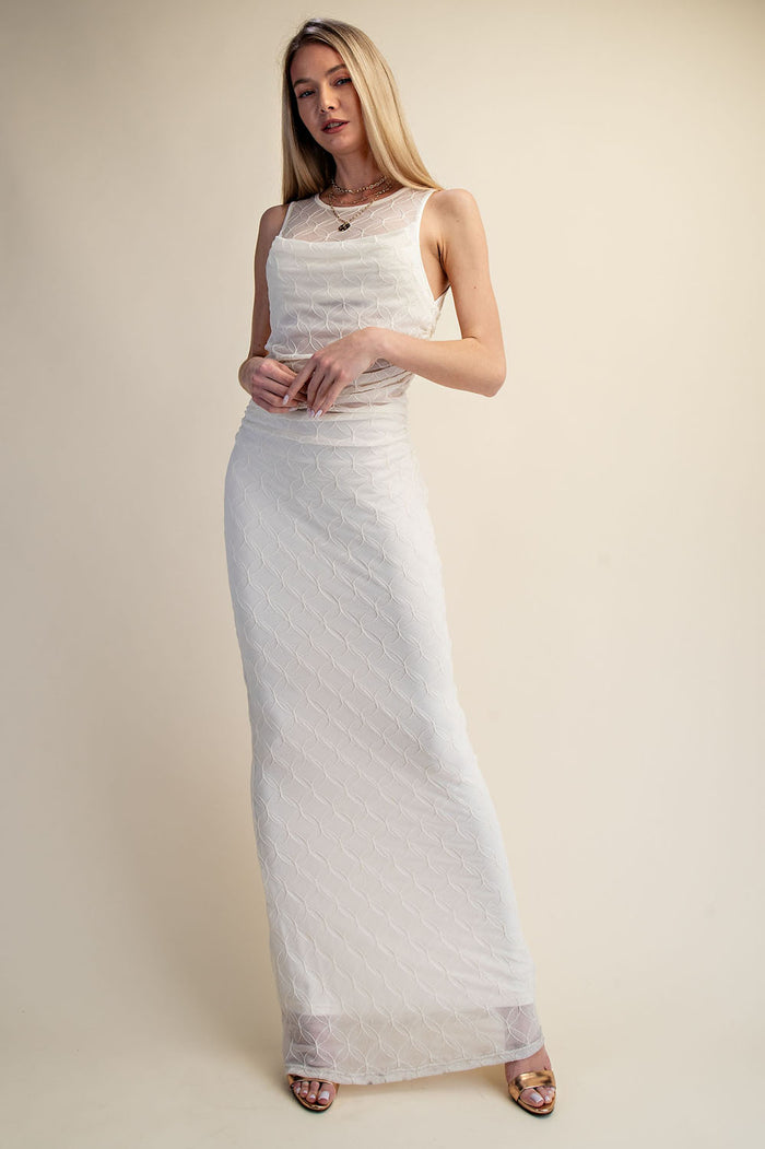 Embroidered Mesh Ruched Maxi Dress