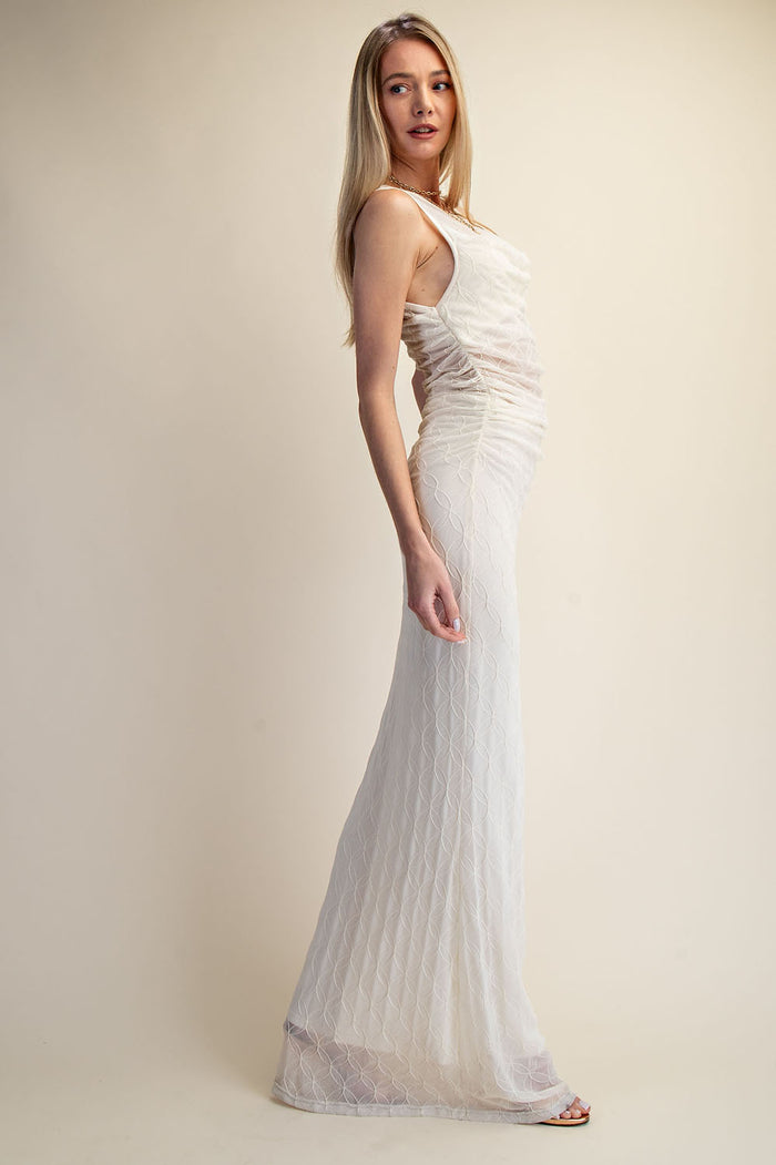 Embroidered Mesh Ruched Maxi Dress
