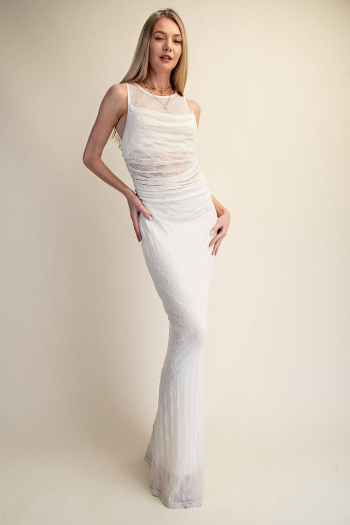 Embroidered Mesh Ruched Maxi Dress