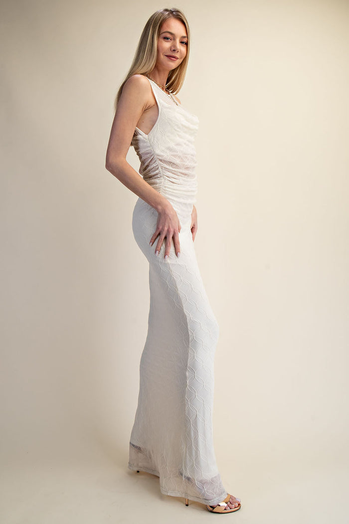 Embroidered Mesh Ruched Maxi Dress