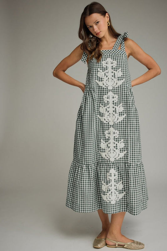 gingham dress with appliqué front and tie sleeves