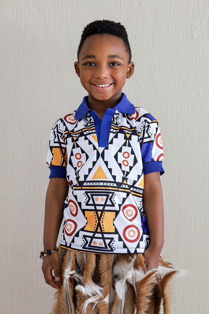 Fabrosanz: Blue Nguni Print Golf Shirt-Kids