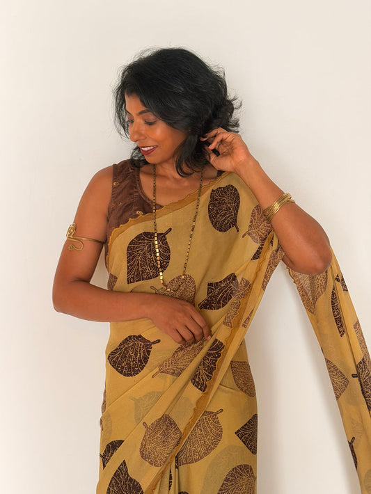 Fiza Leaf Chiffon Saree - Brown