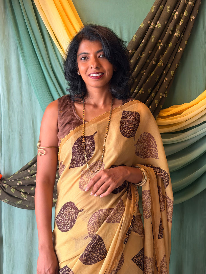 Fiza Leaf Chiffon Saree - Brown