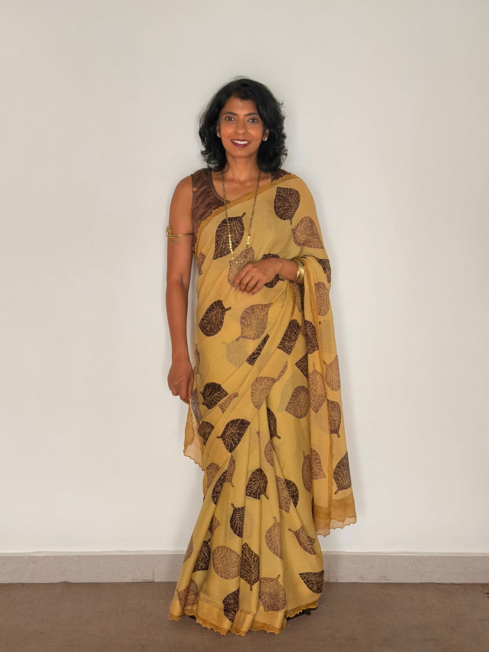 Fiza Leaf Chiffon Saree - Brown