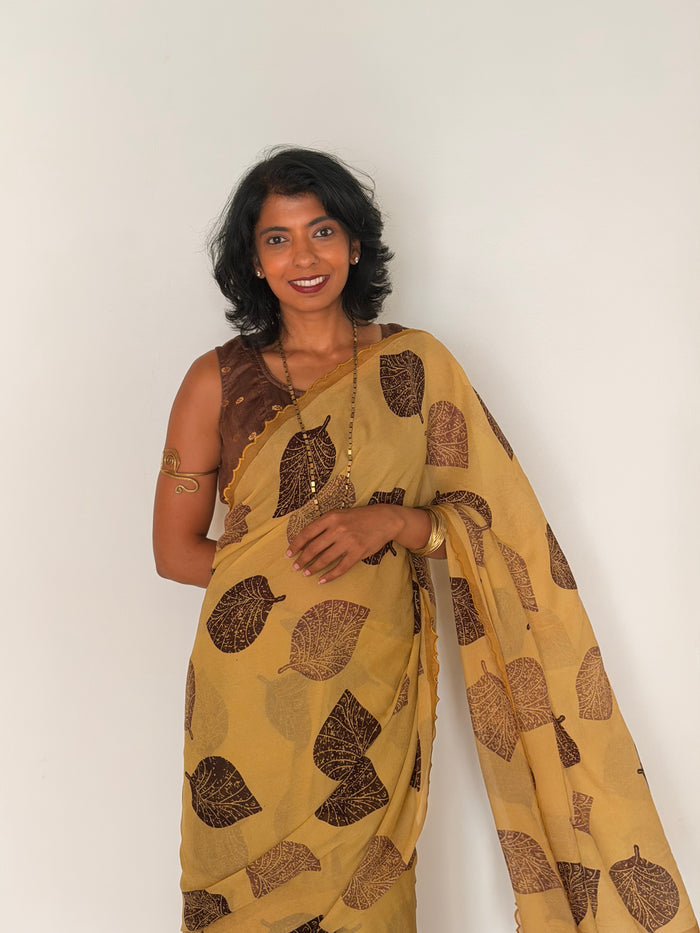 Fiza Leaf Chiffon Saree - Brown