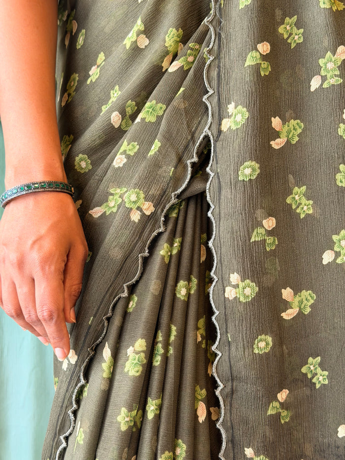 Fiza Petal Chiffon Saree - Olive