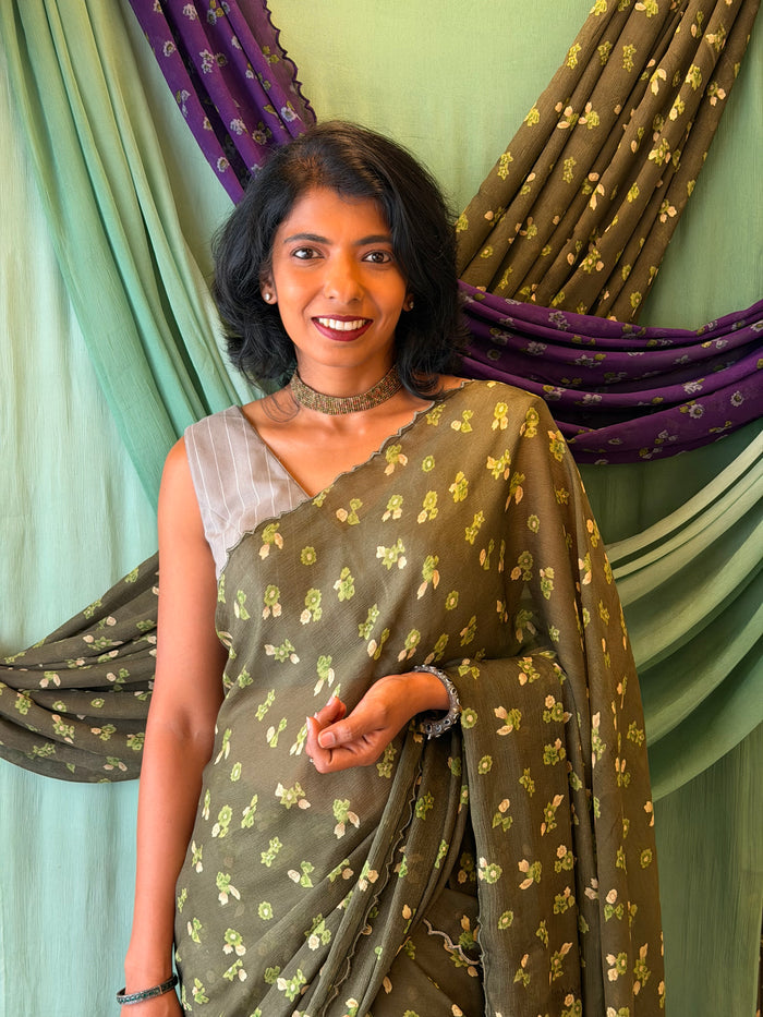 Fiza Petal Chiffon Saree - Olive