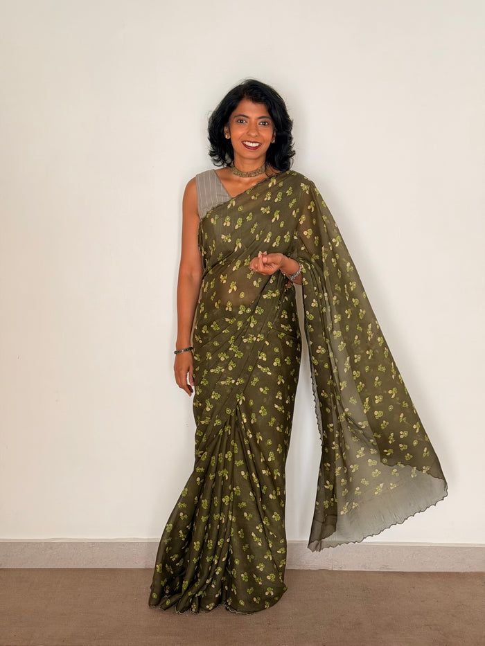 Fiza Petal Chiffon Saree - Olive