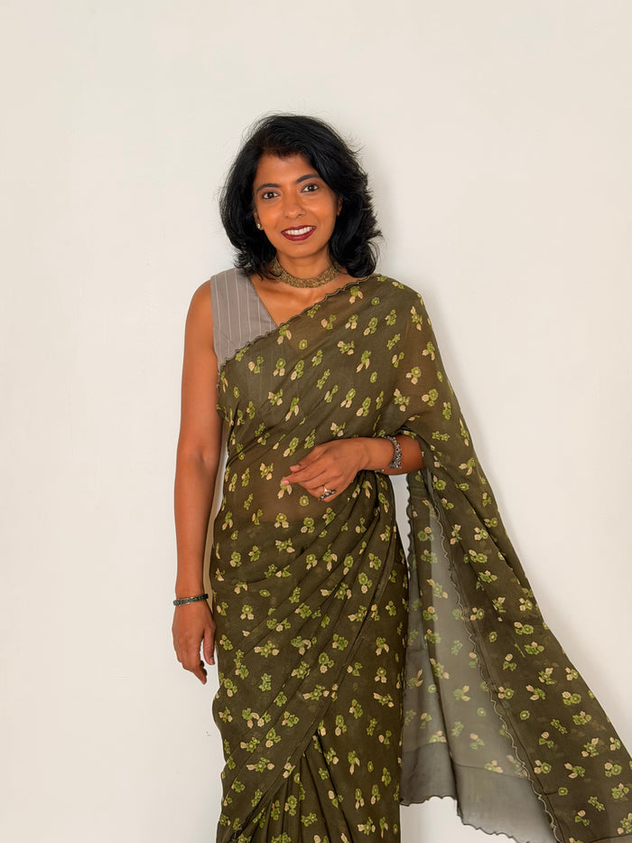 Fiza Petal Chiffon Saree - Olive