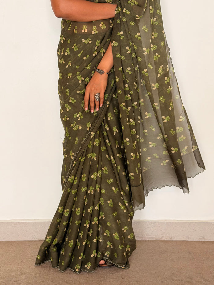 Fiza Petal Chiffon Saree - Olive