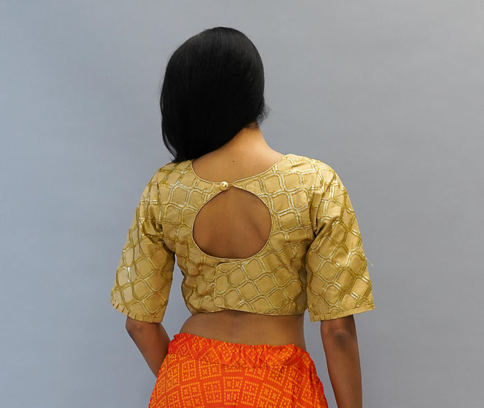 Formal Embroidered Silk Laguna Yellow Gold Crop Top with Three Quarter Sleeves