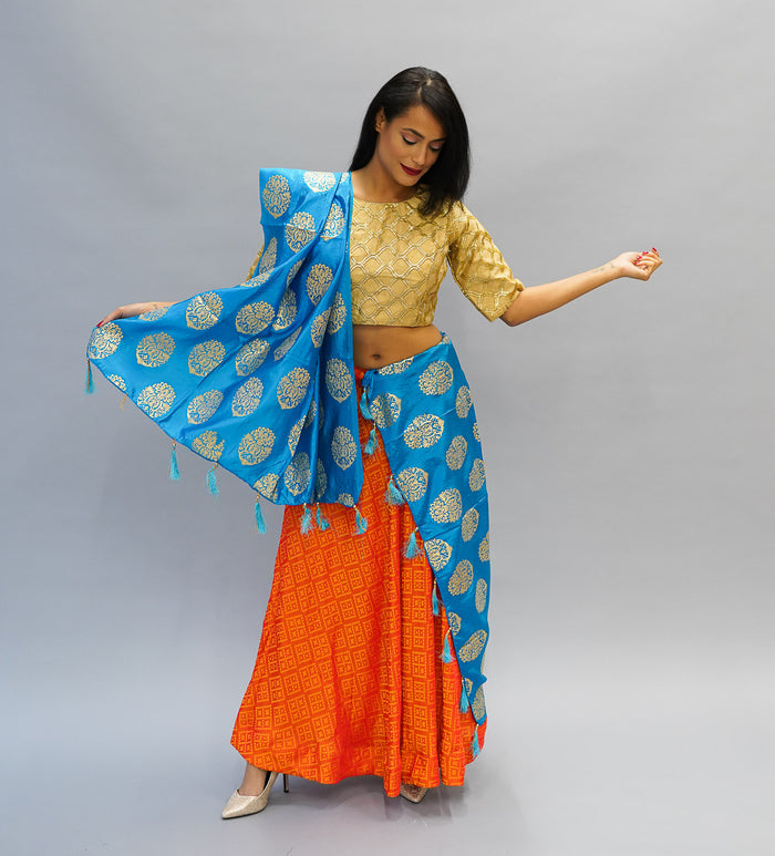 Formal Embroidered Silk Laguna Yellow Gold Crop Top with Three Quarter Sleeves