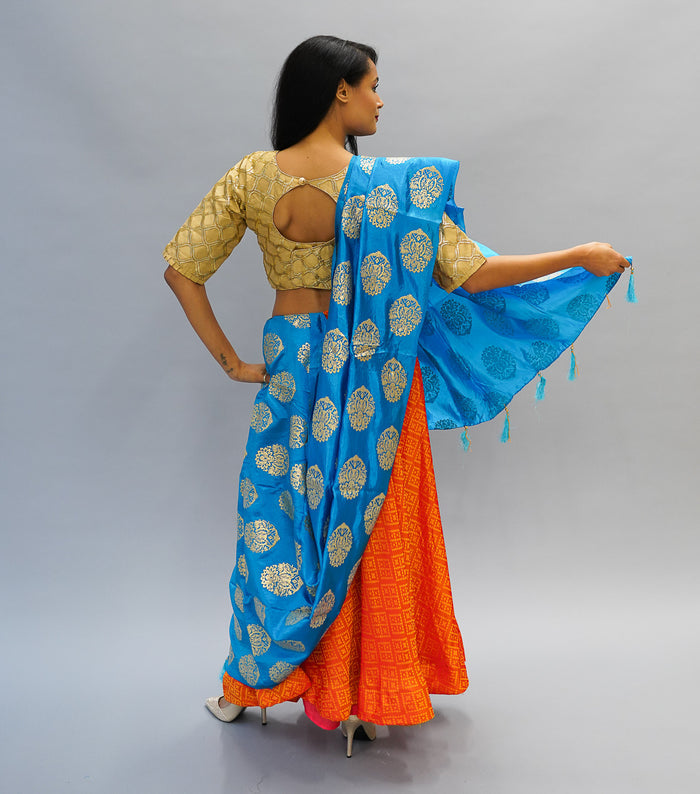 Formal Embroidered Silk Laguna Yellow Gold Crop Top with Three Quarter Sleeves