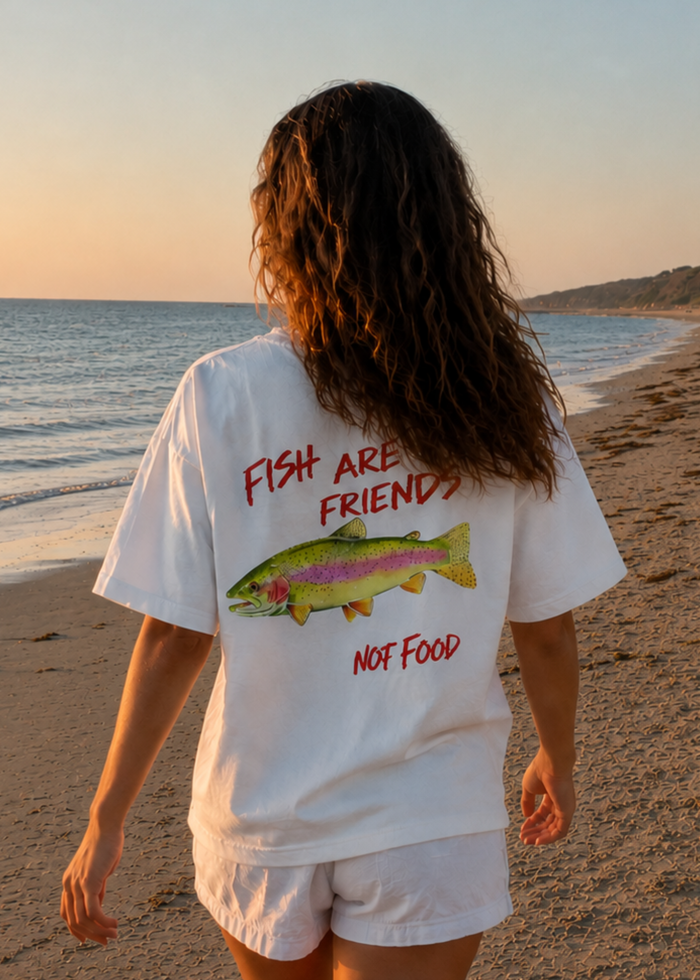 white t shirt oversized cotton fish are friends not food, beach