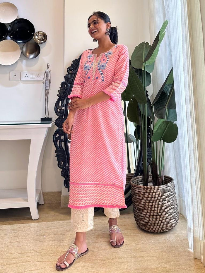 Fringe Pink Leheriya Kurta