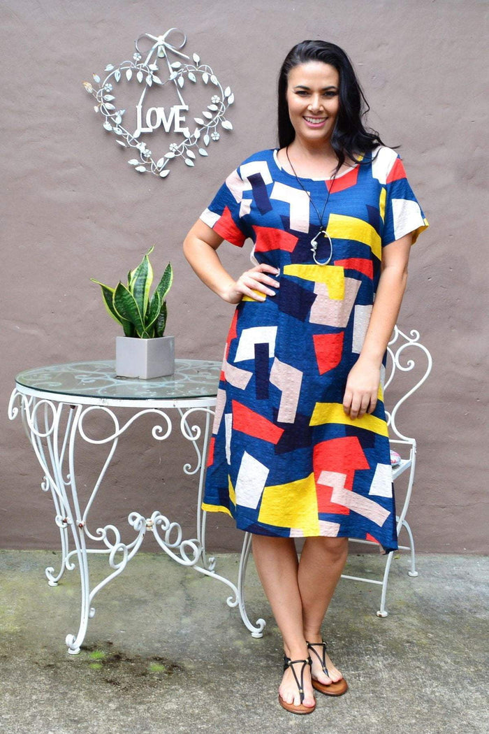 Wishstone geometrical shape tunic dress featuring a modern design with bold patterns and a relaxed fit.