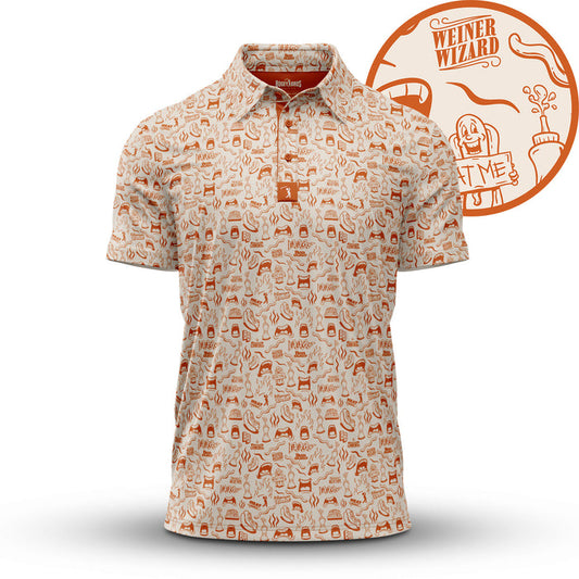 The Glizzy Gobbler - Polo is a beige, athletic-fit short-sleeve shirt with an all-over pattern of orange cartoon hot dogs, condiments, food items, and playful text. A close-up inset highlights the “WEINER WIZARD” and a hot dog saying “EAT ME.”.