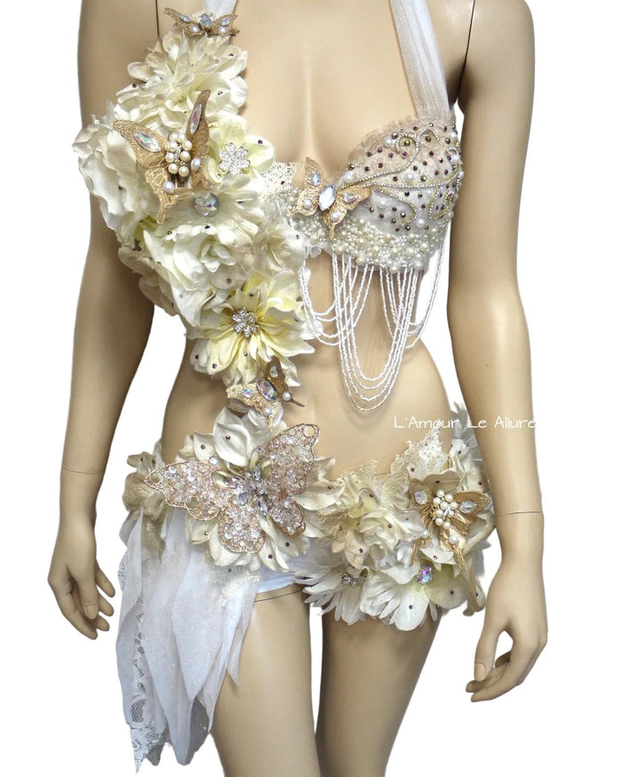 Gold and White Goddess Fairy Monokini Dance Costume Rave Bra Halloween