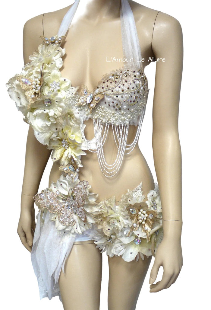 Gold and White Goddess Fairy Monokini Dance Costume Rave Bra Halloween