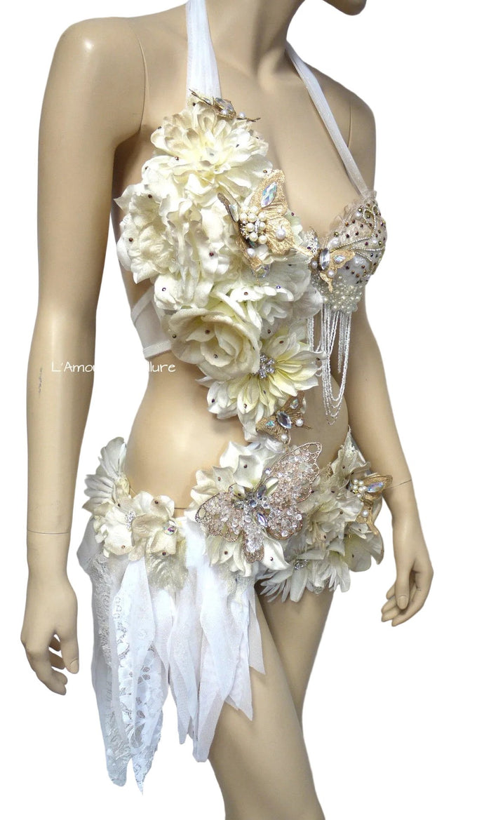 Gold and White Goddess Fairy Monokini Dance Costume Rave Bra Halloween