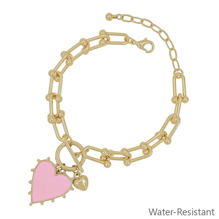 Gold Chain with Pink Studded Heart Charm Bracelet -