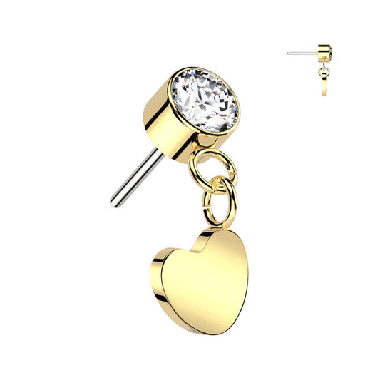Gold Titanium Dangly Heart CZ Threadless Top Gold / F-136 Titanium