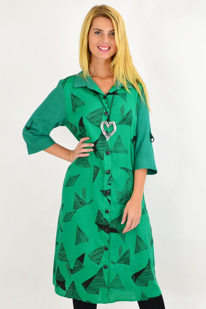 Green and black abstract tunic shirt dress by Ruby Rain, featuring a stylish, flowy design with long sleeves and a relaxed fit.