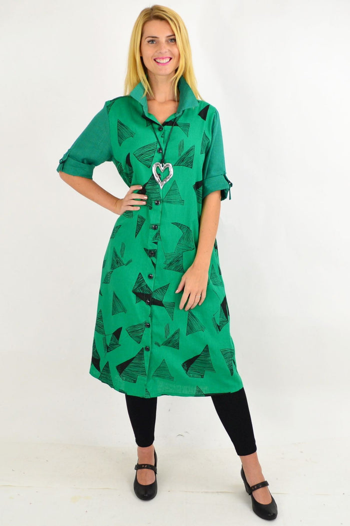 Green and black abstract tunic dress by Ruby Rain, featuring a stylish, flowy shirt dress design with a modern pattern.