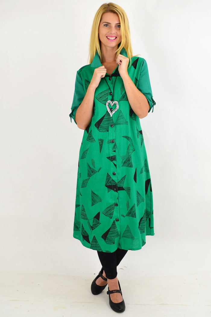 Green and black abstract tunic dress by Ruby Rain, featuring a stylish and comfortable shirt dress design.