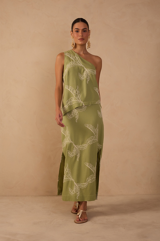 Green Embroidered Side Slits Maxi Skirt_1