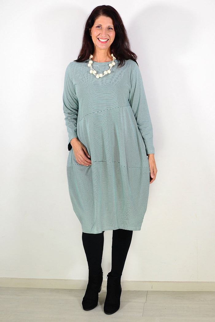 Green stripe cocoon winter pocket tunic dress by Peony, featuring a cozy, relaxed fit with front pockets and a stylish green pattern.