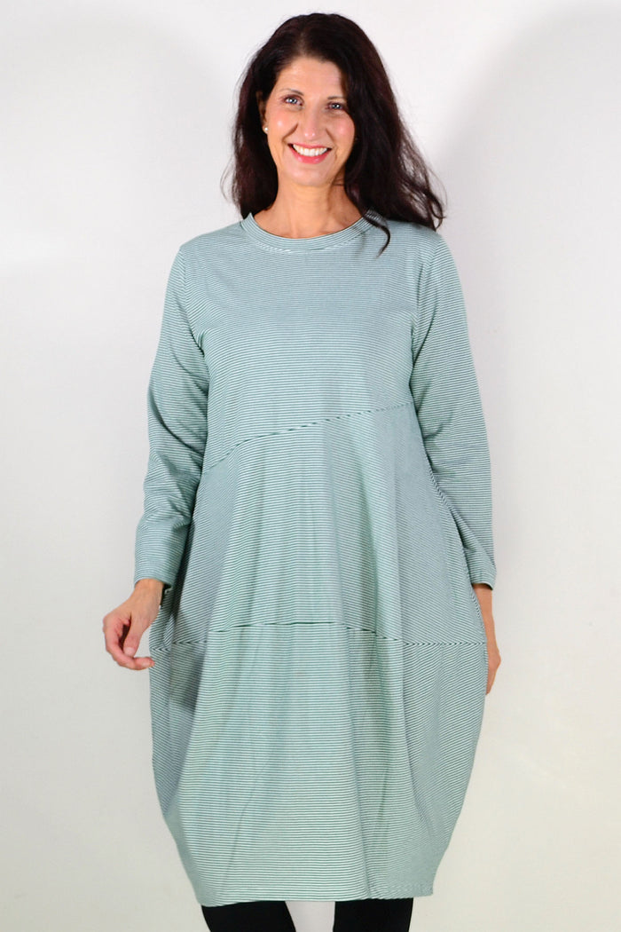 Green and white striped cocoon winter pocket tunic dress by Peony, featuring a cozy, relaxed fit and side pockets.