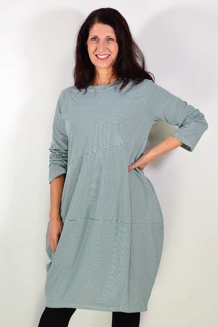 Green stripe cocoon winter pocket tunic dress by Peony, showing the cozy, stylish design with pockets and a relaxed fit.