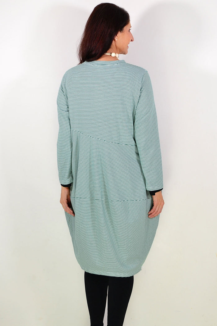 Green stripe cocoon winter pocket tunic dress by Peony, featuring a cozy design with side pockets and a relaxed fit.