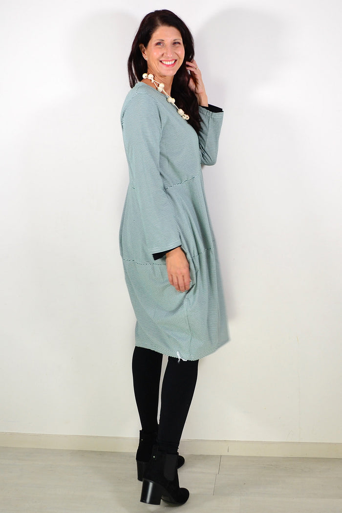 Green stripe cocoon winter pocket tunic dress by Peony, showcasing a cozy, stylish design with front pockets and a relaxed fit.