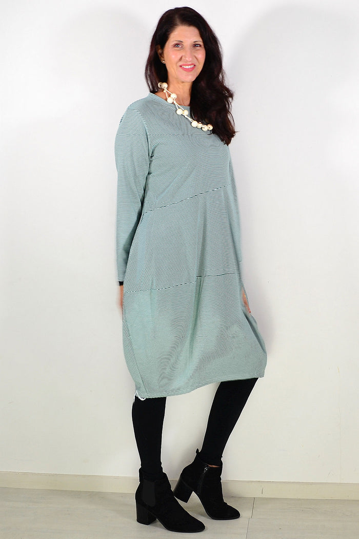 Green stripe cocoon winter pocket tunic dress by Peony, featuring a cozy design with front pockets and a relaxed fit.