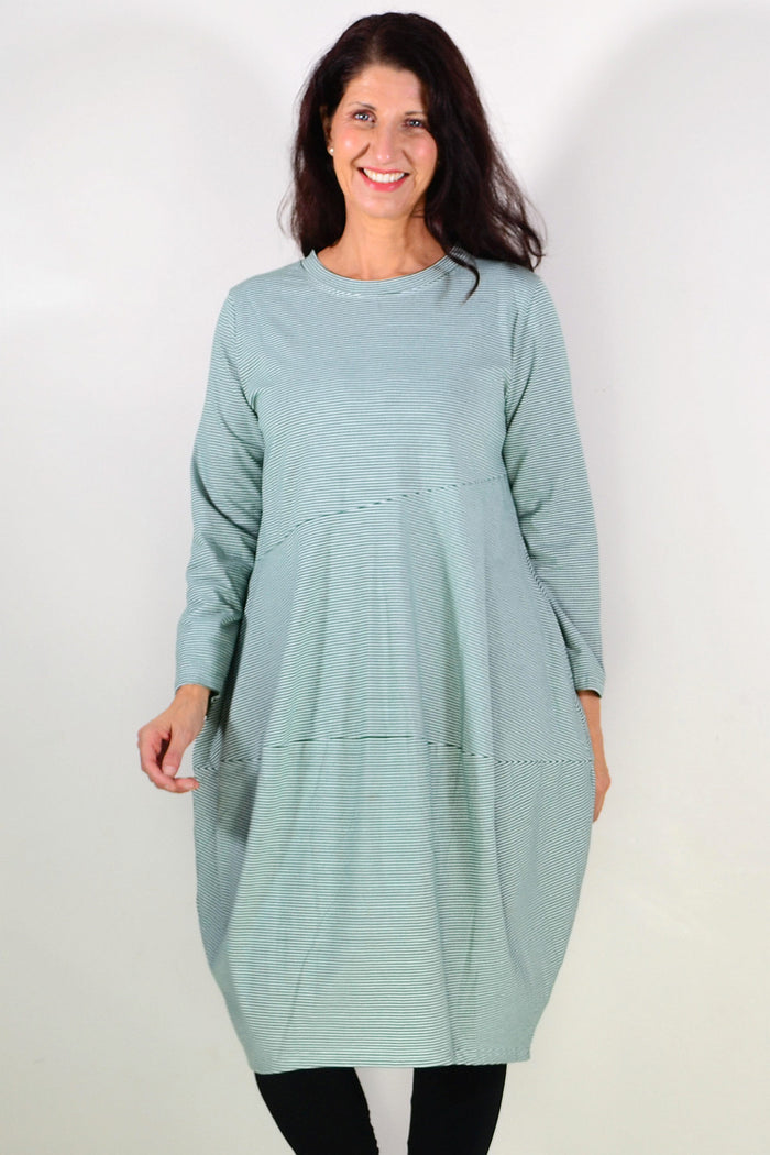 Green stripe cocoon winter pocket tunic dress by Peony, featuring a cozy fit and side pockets in a stylish striped pattern.
