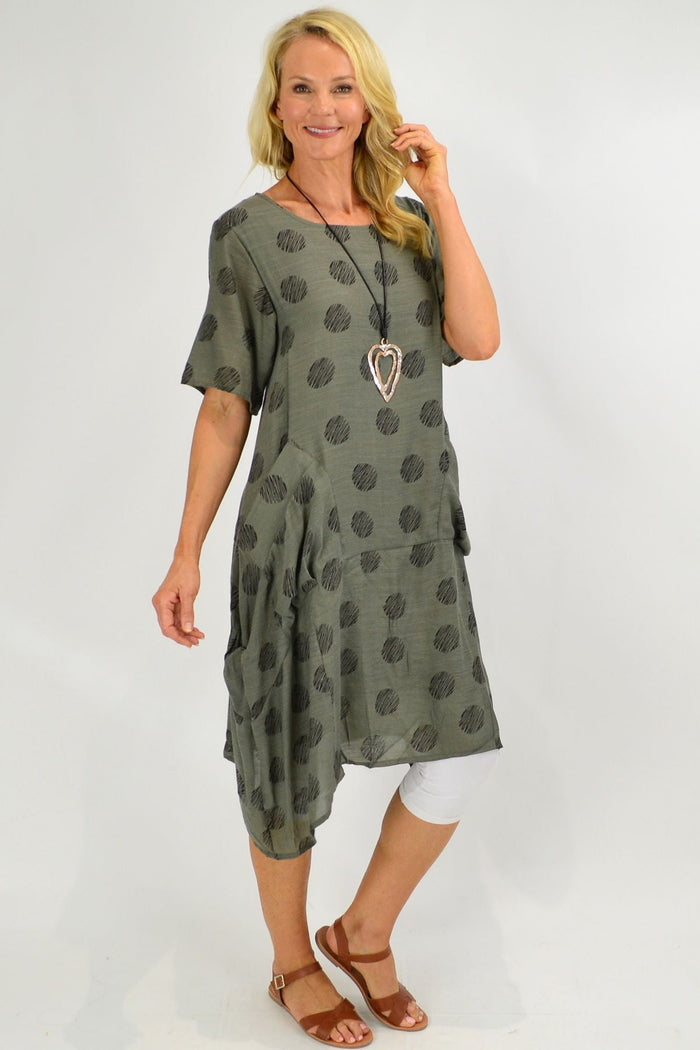 Grey Bubble Tunic Dress by La Mode, featuring a relaxed fit, soft fabric, and stylish design, shown on a model.