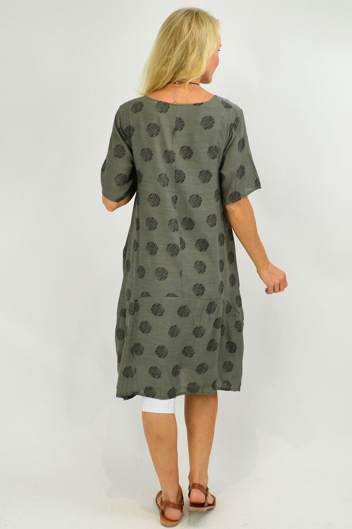 Grey bubble tunic dress by La Mode, featuring a relaxed fit and casual style, shown on a model in the image.