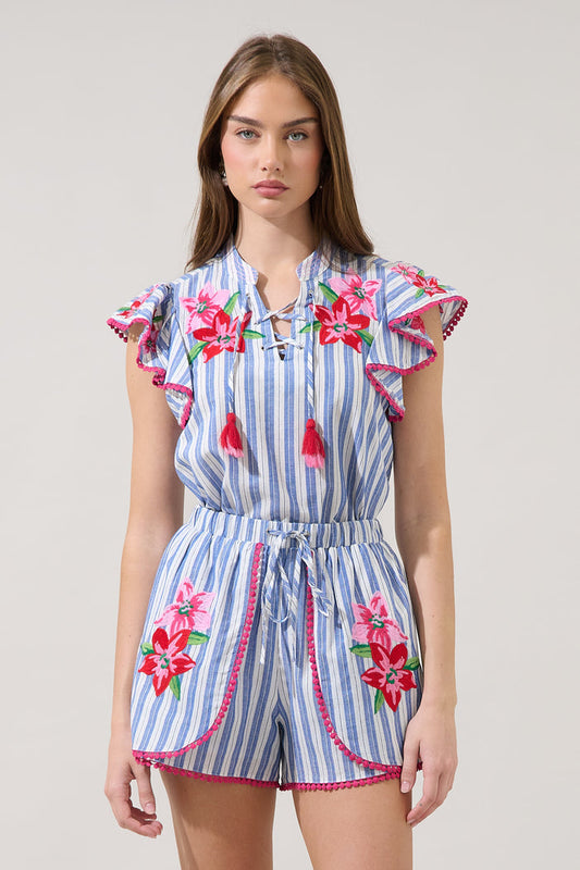 Grisa Striped Tassel Trim Top