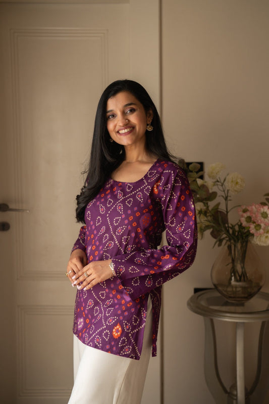 Griya Cotton Short Kurti- Purple Bandhej