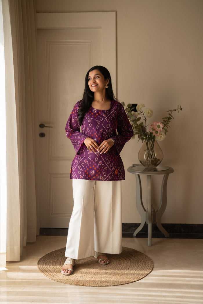 Griya Cotton Short Kurti- Purple Bandhej
