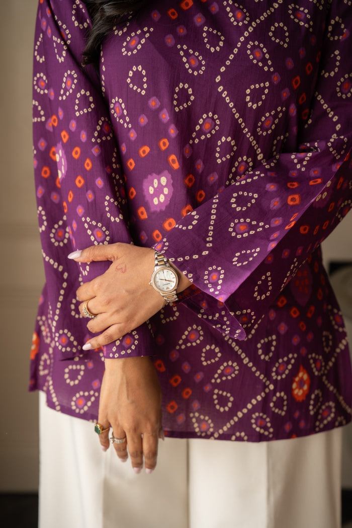 Griya Cotton Short Kurti- Purple Bandhej