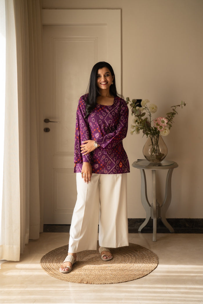 Griya Cotton Short Kurti- Purple Bandhej
