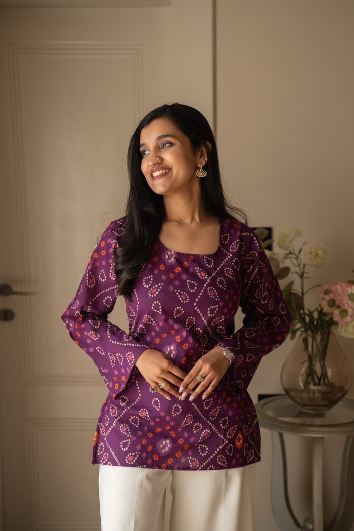 Griya Cotton Short Kurti- Purple Bandhej